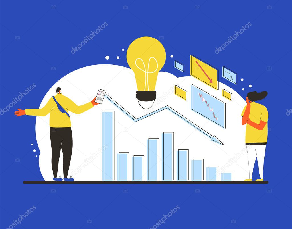 Invest in the company's bonds fail. Inexperienced minor shareholder and financial advisor. Stock market crash. Traders surrounded investment graph. Collapsing stock prices. Vector flat illustration.