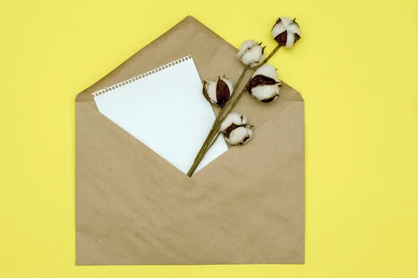 paper envelope with a page of paper and a branch of cotton from it on a yellow background. mockup with copy space