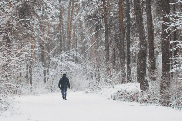 the figure of a man in a snowy forest in winter.