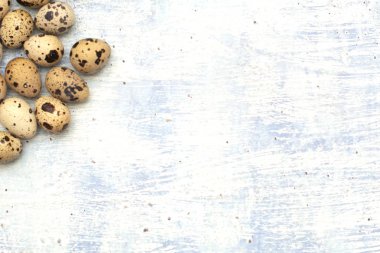 Mavi arka planda Paskalya bıldırcın yumurtası. kopyalama alanı