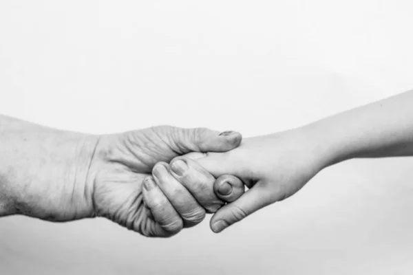 Τα χέρια ενός γέρου και ενός παιδιού κρατούν το ένα το άλλο σε ένα λευκό φόντο.. — Φωτογραφία Αρχείου