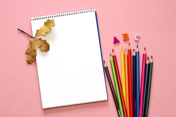 Školní zápisník a barevná dopisní tužky. Zpět na školní koncept — Stock fotografie