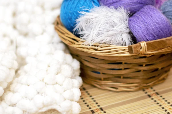 Colorful yarn for knitting in a basket. Crafts, Hand-made. — Stock Photo, Image