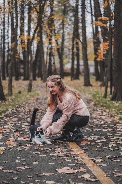 Sonbahar parkında kedili kız 