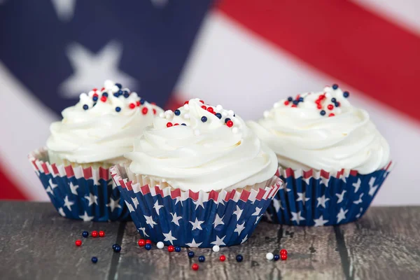 Patriotique Juillet Célébration Jour Souvenir Cupcakes Drapeau Américain Arrière Plan — Photo