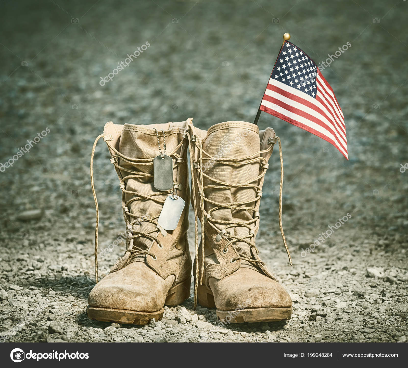 Old Military Combat Boots American Flag Dog Tags Rocky Gravel — Stock
