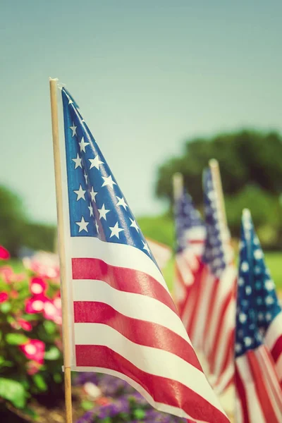Bandeiras Americanas Exibidas Lado Rua Homenagem Julho Fechar Com Fundo — Fotografia de Stock