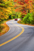Картина, постер, плакат, фотообои "a red car driving through winding road with beautiful autumn foliage trees in new england.", артикул 398263286