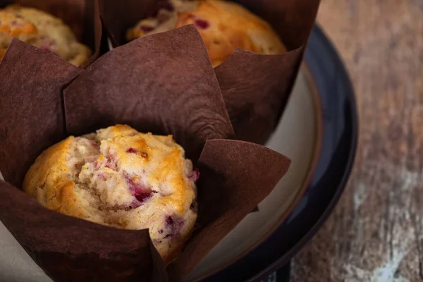 Domácí Čerstvě Upečené Brusinkové Muffiny Hnědých Tulipánových Muffinech — Stock fotografie