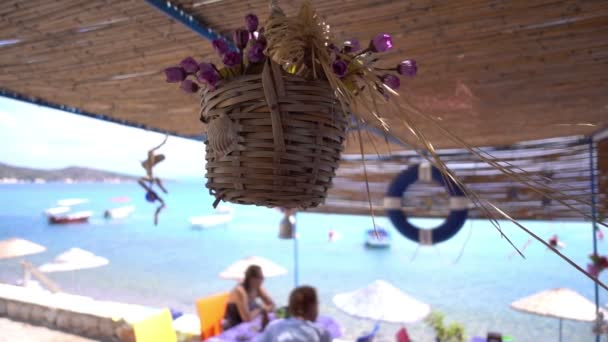 Imitation Flowers in Pot and Holiday Seaside — Stock Footage Imitation Flowers Pot Holiday Seaside Royalty Free Stock Video
