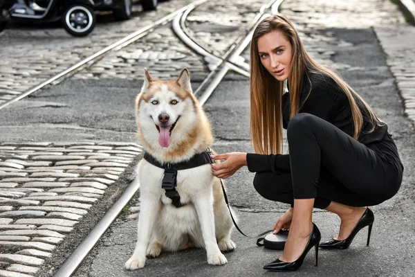 Giovane Donna Alla Moda Posa Con Cane Sullo Sfondo Della — Foto Stock