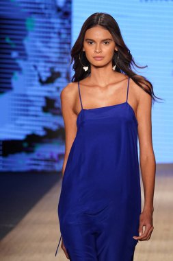 Miami Beach, Fl - 13 Temmuz: Bir model Mikoh Resort 2019 pist Show'da Paraiso çadır için pist 13 Temmuz 2018 Miami Beach, Florida ve yürür. 