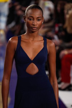 New York, Ny - 12 Şubat: Ralph Lauren ilkbahar/yaz 18 moda pist üzerinde 12 Şubat 2018 New York moda haftası sırasında New York'ta göstermek bir modeli yürür.