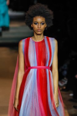 New York, Ny - 12 Şubat: Manken pist Carolina Herrera için New York moda haftası sırasında yürür: gösterir, Museum of Modern Art 12 Şubat 2018 tarihinde New York'ta.