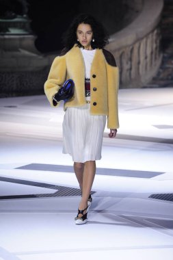 Paris, Fransa - Mart 06: Manken pist Louis Vuitton gösterisi sırasında bölümü, Paris moda hafta kadın giyim Sonbahar/Kış 2018/2019 olarak 6 Mart 2018 Paris, Fransa'da yürür.