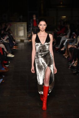 New York, Ny - 12 Şubat: Dennis Basso sırasında pist göster: New York City New York moda haftası St Bartholomew's Kilisesi Şubat 2018 üzerinde 12 Şubat 2018 kapsamında bir model yürür. 