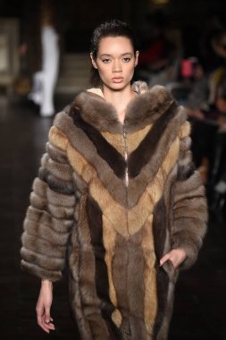 New York, Ny - 12 Şubat: Dennis Basso sırasında pist göster: New York City New York moda haftası St Bartholomew's Kilisesi Şubat 2018 üzerinde 12 Şubat 2018 kapsamında bir model yürür. 