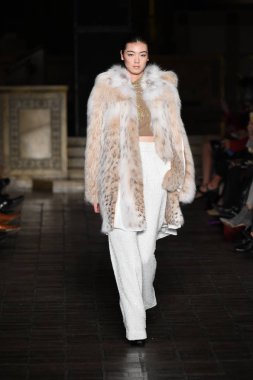 New York, Ny - 12 Şubat: Dennis Basso sırasında pist göster: New York City New York moda haftası St Bartholomew's Kilisesi Şubat 2018 üzerinde 12 Şubat 2018 kapsamında bir model yürür. 