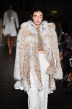 New York, Ny - 12 Şubat: Dennis Basso sırasında pist göster: New York City New York moda haftası St Bartholomew's Kilisesi Şubat 2018 üzerinde 12 Şubat 2018 kapsamında bir model yürür. 