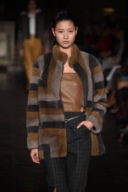 New York, Ny - 12 Şubat: Dennis Basso sırasında pist göster: New York City New York moda haftası St Bartholomew's Kilisesi Şubat 2018 üzerinde 12 Şubat 2018 kapsamında bir model yürür. 