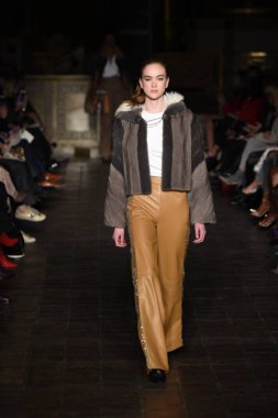 New York, Ny - 12 Şubat: Dennis Basso sırasında pist göster: New York City New York moda haftası St Bartholomew's Kilisesi Şubat 2018 üzerinde 12 Şubat 2018 kapsamında bir model yürür. 