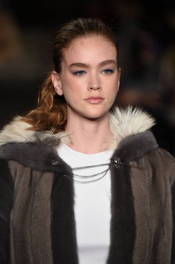 New York, Ny - 12 Şubat: Dennis Basso sırasında pist göster: New York City New York moda haftası St Bartholomew's Kilisesi Şubat 2018 üzerinde 12 Şubat 2018 kapsamında bir model yürür. 