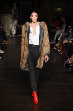 New York, Ny - 12 Şubat: Dennis Basso sırasında pist göster: New York City New York moda haftası St Bartholomew's Kilisesi Şubat 2018 üzerinde 12 Şubat 2018 kapsamında bir model yürür. 