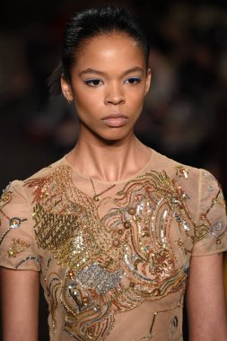 New York, Ny - 12 Şubat: Dennis Basso sırasında pist göster: New York City New York moda haftası St Bartholomew's Kilisesi Şubat 2018 üzerinde 12 Şubat 2018 kapsamında bir model yürür. 