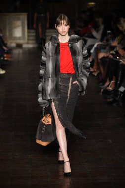 New York, Ny - 12 Şubat: Dennis Basso sırasında pist göster: New York City New York moda haftası St Bartholomew's Kilisesi Şubat 2018 üzerinde 12 Şubat 2018 kapsamında bir model yürür. 