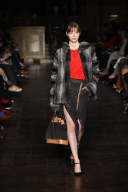 New York, Ny - 12 Şubat: Dennis Basso sırasında pist göster: New York City New York moda haftası St Bartholomew's Kilisesi Şubat 2018 üzerinde 12 Şubat 2018 kapsamında bir model yürür. 