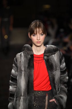 New York, Ny - 12 Şubat: Dennis Basso sırasında pist göster: New York City New York moda haftası St Bartholomew's Kilisesi Şubat 2018 üzerinde 12 Şubat 2018 kapsamında bir model yürür. 