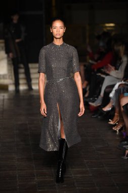 New York, Ny - 12 Şubat: Dennis Basso sırasında pist göster: New York City New York moda haftası St Bartholomew's Kilisesi Şubat 2018 üzerinde 12 Şubat 2018 kapsamında bir model yürür. 