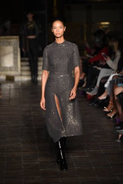 New York, Ny - 12 Şubat: Dennis Basso sırasında pist göster: New York City New York moda haftası St Bartholomew's Kilisesi Şubat 2018 üzerinde 12 Şubat 2018 kapsamında bir model yürür. 