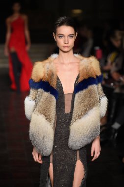 New York, Ny - 12 Şubat: Dennis Basso sırasında pist göster: New York City New York moda haftası St Bartholomew's Kilisesi Şubat 2018 üzerinde 12 Şubat 2018 kapsamında bir model yürür. 