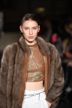 New York, Ny - 12 Şubat: Dennis Basso sırasında pist göster: New York City New York moda haftası St Bartholomew's Kilisesi Şubat 2018 üzerinde 12 Şubat 2018 kapsamında bir model yürür. 