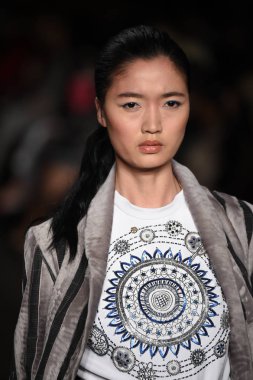 New York, Ny - 12 Şubat: Dennis Basso sırasında pist göster: New York City New York moda haftası St Bartholomew's Kilisesi Şubat 2018 üzerinde 12 Şubat 2018 kapsamında bir model yürür. 