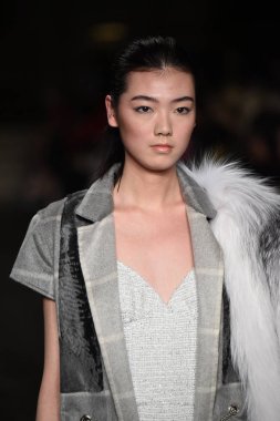 New York, Ny - 12 Şubat: Dennis Basso sırasında pist göster: New York City New York moda haftası St Bartholomew's Kilisesi Şubat 2018 üzerinde 12 Şubat 2018 kapsamında bir model yürür. 