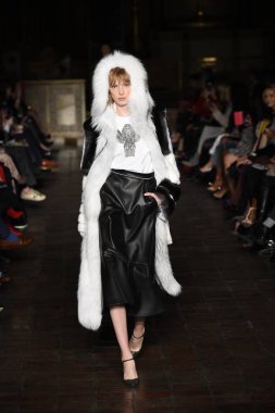 New York, Ny - 12 Şubat: Dennis Basso sırasında pist göster: New York City New York moda haftası St Bartholomew's Kilisesi Şubat 2018 üzerinde 12 Şubat 2018 kapsamında bir model yürür. 