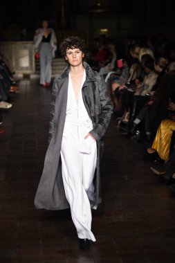 New York, Ny - 12 Şubat: Dennis Basso sırasında pist göster: New York City New York moda haftası St Bartholomew's Kilisesi Şubat 2018 üzerinde 12 Şubat 2018 kapsamında bir model yürür. 