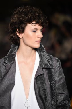 New York, Ny - 12 Şubat: Dennis Basso sırasında pist göster: New York City New York moda haftası St Bartholomew's Kilisesi Şubat 2018 üzerinde 12 Şubat 2018 kapsamında bir model yürür. 