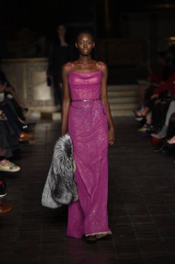 New York, Ny - 12 Şubat: Dennis Basso sırasında pist göster: New York City New York moda haftası St Bartholomew's Kilisesi Şubat 2018 üzerinde 12 Şubat 2018 kapsamında bir model yürür. 