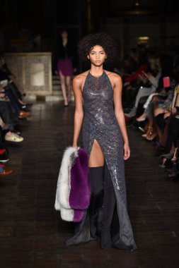 New York, Ny - 12 Şubat: Dennis Basso sırasında pist göster: New York City New York moda haftası St Bartholomew's Kilisesi Şubat 2018 üzerinde 12 Şubat 2018 kapsamında bir model yürür. 