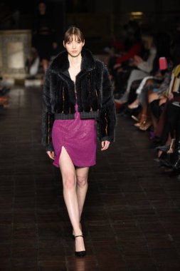 New York, Ny - 12 Şubat: Dennis Basso sırasında pist göster: New York City New York moda haftası St Bartholomew's Kilisesi Şubat 2018 üzerinde 12 Şubat 2018 kapsamında bir model yürür. 