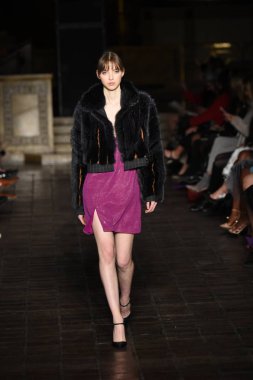 New York, Ny - 12 Şubat: Dennis Basso sırasında pist göster: New York City New York moda haftası St Bartholomew's Kilisesi Şubat 2018 üzerinde 12 Şubat 2018 kapsamında bir model yürür. 