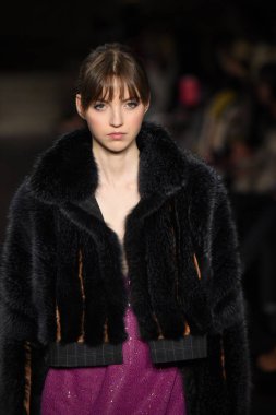 New York, Ny - 12 Şubat: Dennis Basso sırasında pist göster: New York City New York moda haftası St Bartholomew's Kilisesi Şubat 2018 üzerinde 12 Şubat 2018 kapsamında bir model yürür. 