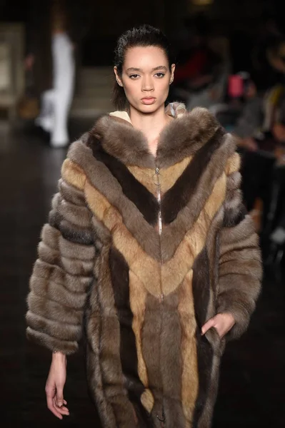 New York, Ny - 12 Şubat: Dennis Basso sırasında pist göster: New York City New York moda haftası St Bartholomew's Kilisesi Şubat 2018 üzerinde 12 Şubat 2018 kapsamında bir model yürür. 