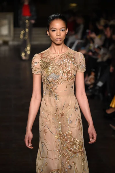 New York, Ny - 12 Şubat: Dennis Basso sırasında pist göster: New York City New York moda haftası St Bartholomew's Kilisesi Şubat 2018 üzerinde 12 Şubat 2018 kapsamında bir model yürür. 