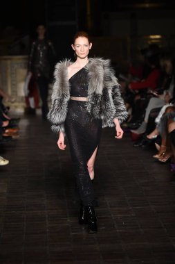 New York, Ny - 12 Şubat: Dennis Basso sırasında pist göster: New York City New York moda haftası St Bartholomew's Kilisesi Şubat 2018 üzerinde 12 Şubat 2018 kapsamında bir model yürür. 