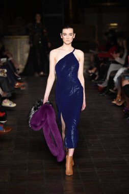 New York, Ny - 12 Şubat: Dennis Basso sırasında pist göster: New York City New York moda haftası St Bartholomew's Kilisesi Şubat 2018 üzerinde 12 Şubat 2018 kapsamında bir model yürür. 