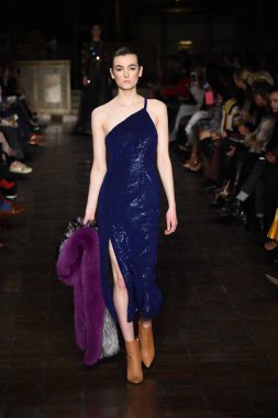 New York, Ny - 12 Şubat: Dennis Basso sırasında pist göster: New York City New York moda haftası St Bartholomew's Kilisesi Şubat 2018 üzerinde 12 Şubat 2018 kapsamında bir model yürür. 